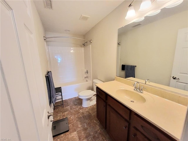 full bathroom featuring vanity, toilet, bathtub / shower combination, and visible vents