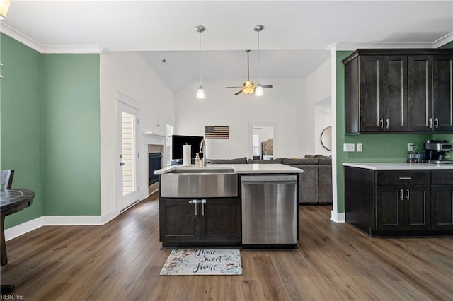 kitchen featuring a sink, a ceiling fan, open floor plan, and stainless steel dishwasher