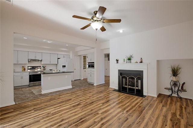 kitchen with under cabinet range hood, wood finished floors, open floor plan, and appliances with stainless steel finishes