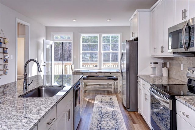 kitchen with backsplash, a healthy amount of sunlight, stainless steel appliances, and a sink