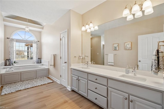 bathroom with double vanity, a bath, wood finished floors, and a sink