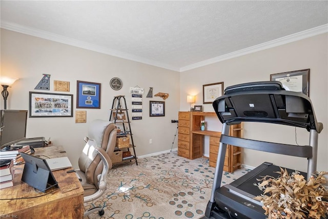 office space with baseboards, crown molding, and carpet