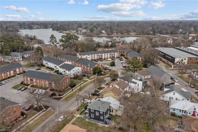 aerial view with a water view and a residential view