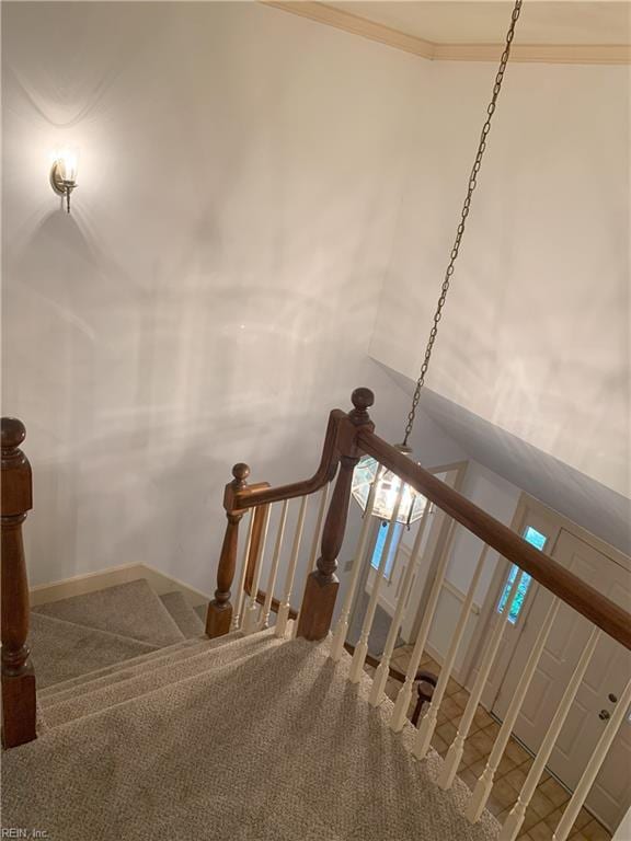 staircase with crown molding and carpet floors