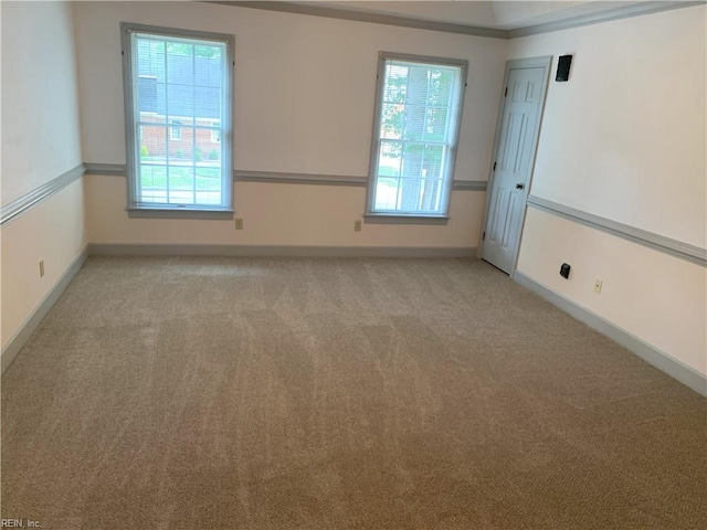 unfurnished room with baseboards, a wealth of natural light, and light carpet