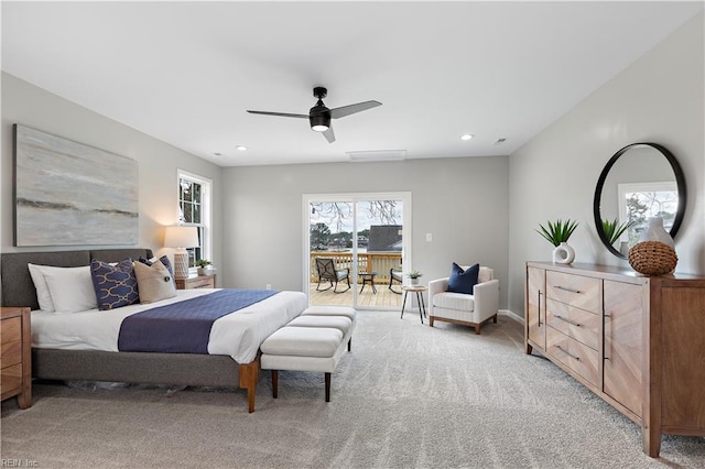 bedroom featuring recessed lighting, light colored carpet, a ceiling fan, and access to outside