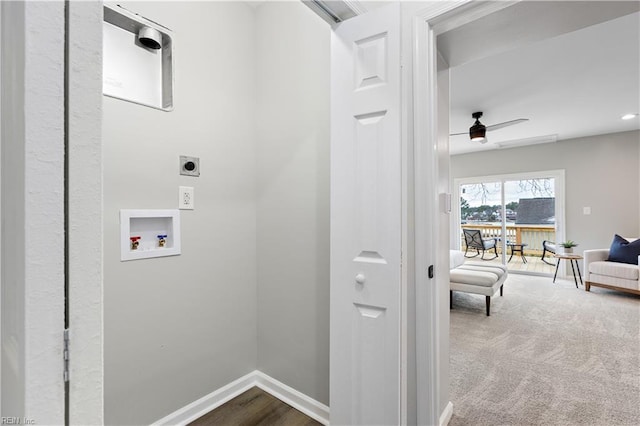 laundry area featuring baseboards, ceiling fan, laundry area, hookup for a washing machine, and electric dryer hookup