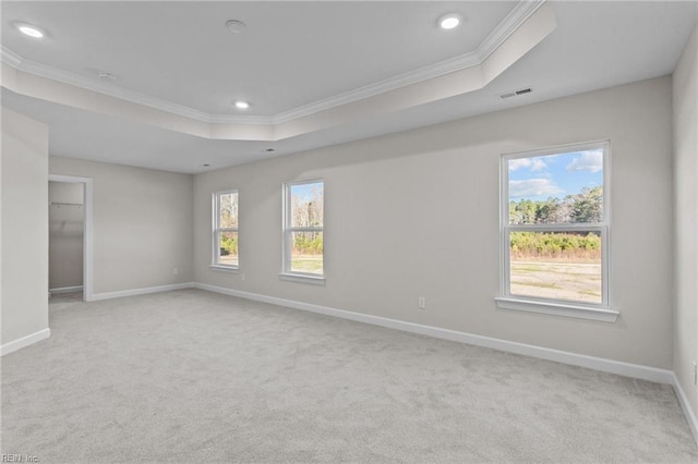 carpeted empty room featuring baseboards, a tray ceiling, and ornamental molding