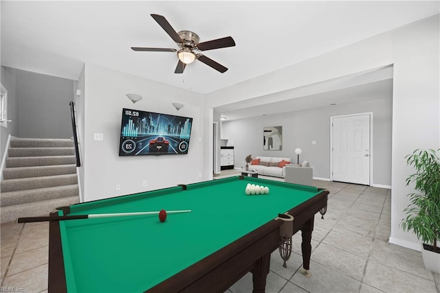 rec room with tile patterned floors, baseboards, pool table, and a ceiling fan