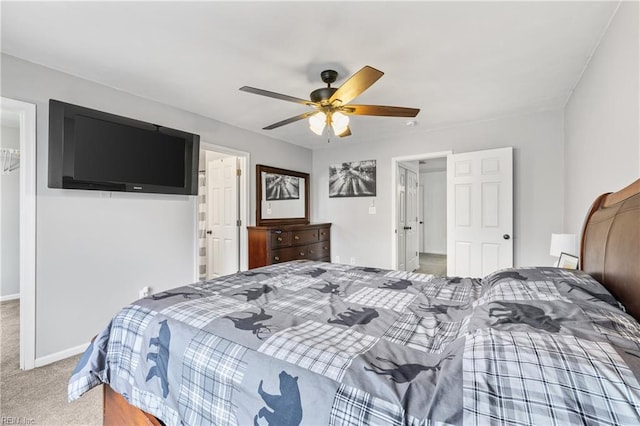 bedroom with carpet, baseboards, and ceiling fan