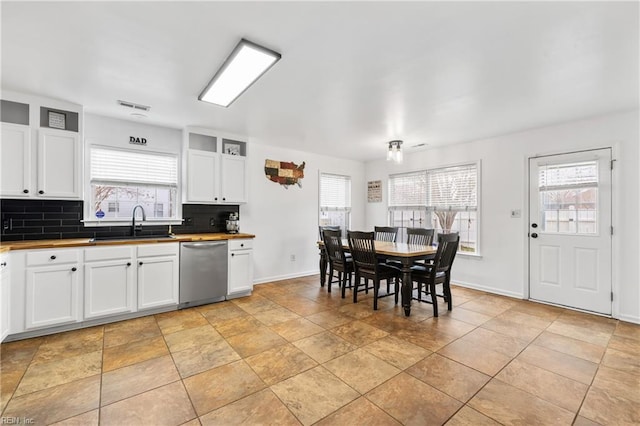 kitchen with tasteful backsplash, a healthy amount of sunlight, dishwasher, and a sink