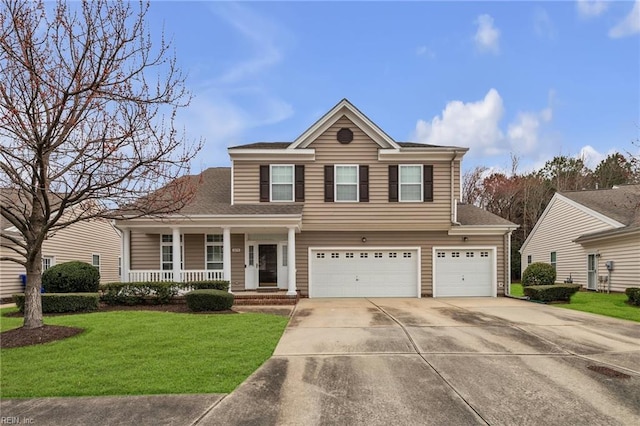 traditional-style house with driveway, a porch, an attached garage, a shingled roof, and a front lawn