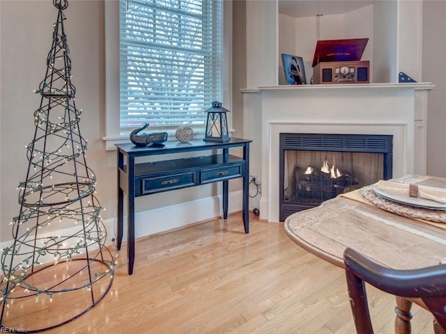 interior details with wood finished floors, baseboards, and a lit fireplace