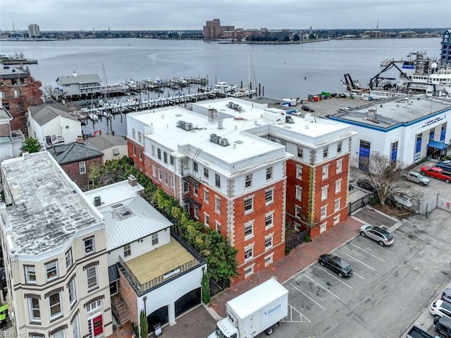 aerial view featuring a water view