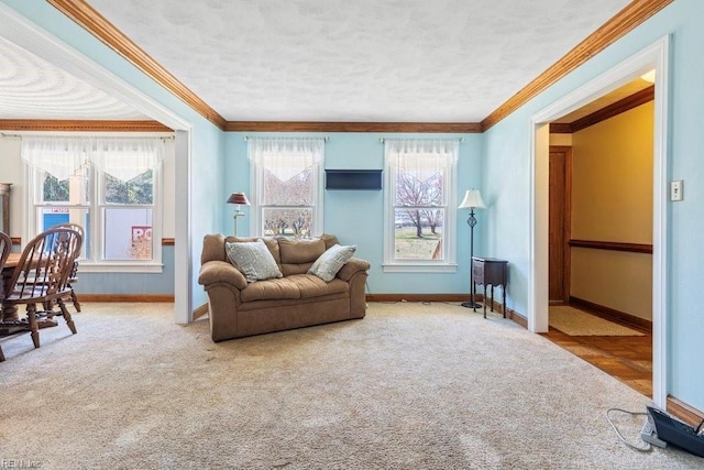 carpeted living room with a healthy amount of sunlight, baseboards, and ornamental molding