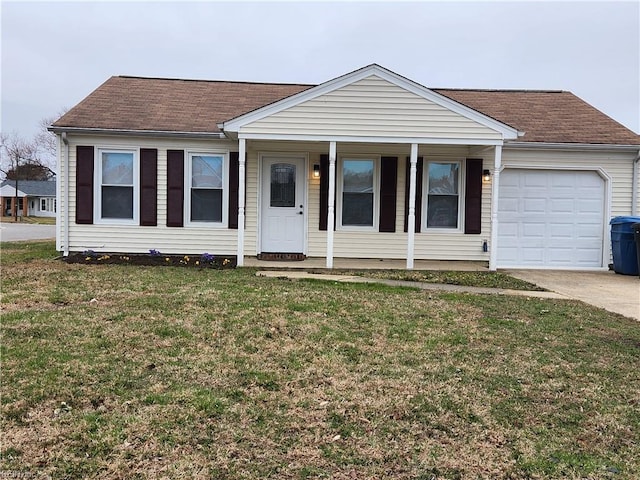 ranch-style house with a porch, roof with shingles, concrete driveway, a front yard, and a garage