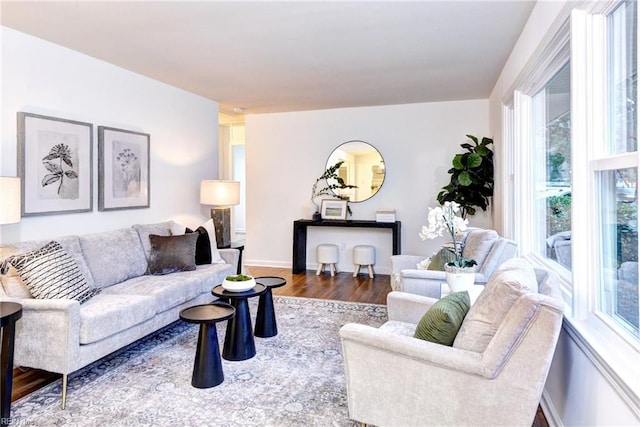 living area featuring wood finished floors and baseboards