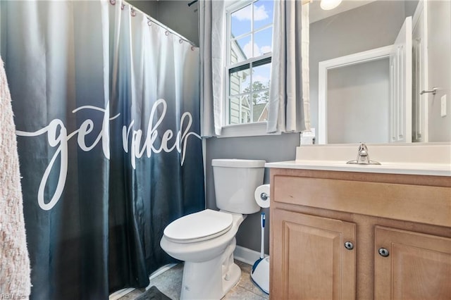 full bath with vanity, a shower with shower curtain, toilet, and tile patterned flooring