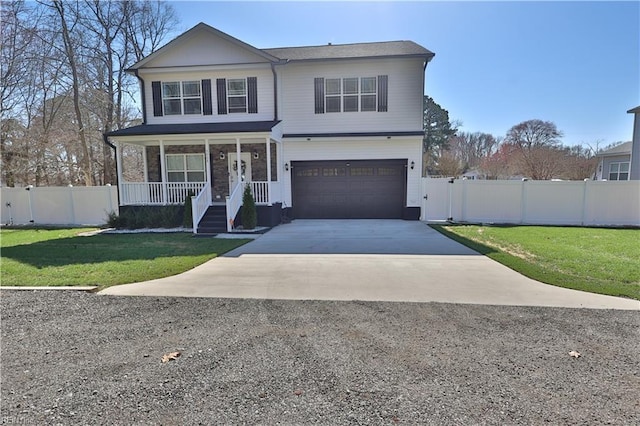 view of front of house featuring a porch, concrete driveway, a front yard, and fence