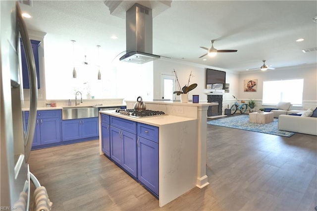 kitchen featuring island exhaust hood, blue cabinetry, a sink, appliances with stainless steel finishes, and ceiling fan