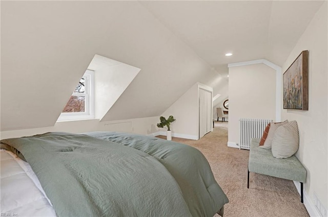 carpeted bedroom featuring recessed lighting, baseboards, radiator heating unit, and vaulted ceiling