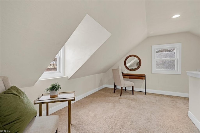 sitting room with recessed lighting, baseboards, lofted ceiling, and carpet flooring