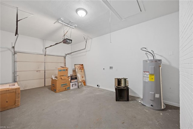 garage featuring a garage door opener, water heater, and baseboards