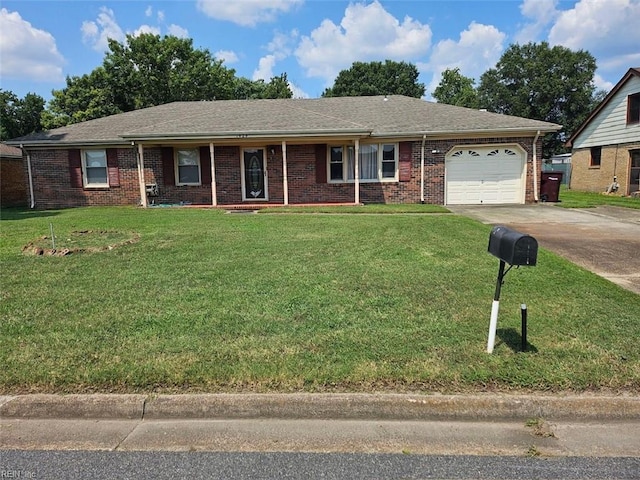 ranch-style house featuring brick siding, a front yard, concrete driveway, and an attached garage