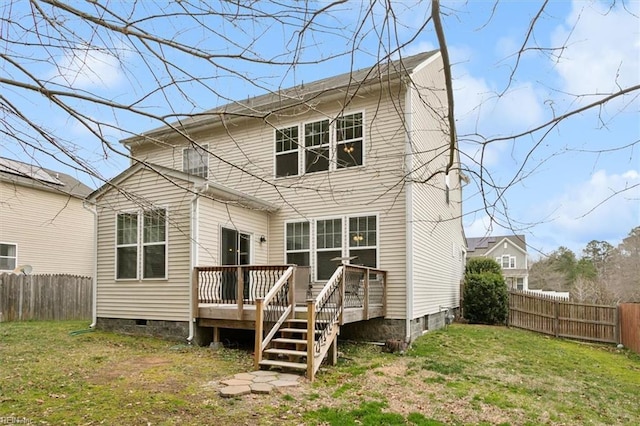 rear view of property with a wooden deck, a fenced backyard, a lawn, and crawl space