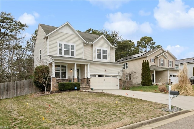 view of front of house with fence, a porch, an attached garage, concrete driveway, and a front lawn