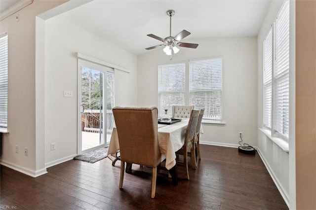 dining area featuring baseboards, dark wood finished floors, and a ceiling fan