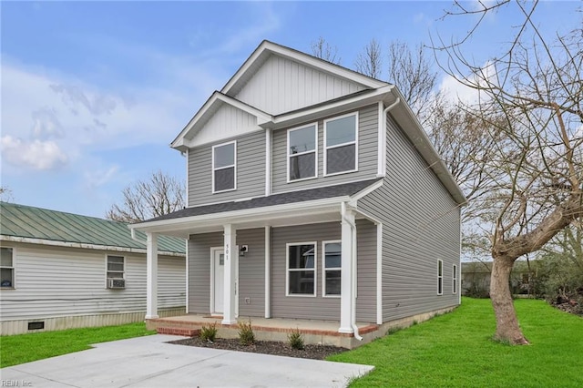 view of front facade featuring cooling unit, a porch, and a front lawn