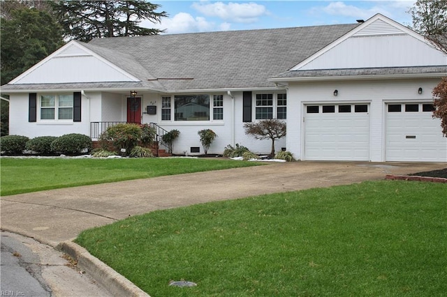 single story home featuring brick siding, an attached garage, a shingled roof, a front lawn, and driveway