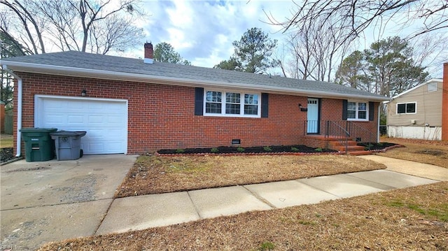 ranch-style home featuring brick siding, concrete driveway, and a chimney