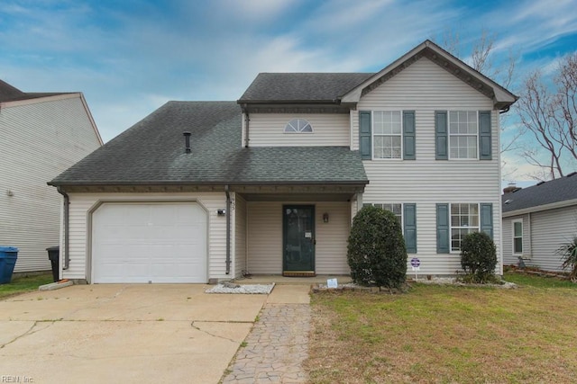 traditional home with a front yard, roof with shingles, concrete driveway, and an attached garage