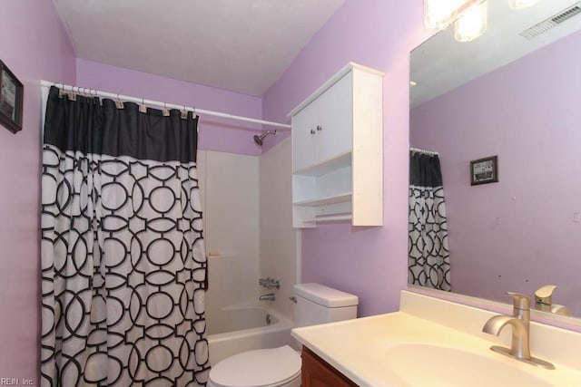 bathroom with visible vents, shower / bath combination with curtain, toilet, and vanity