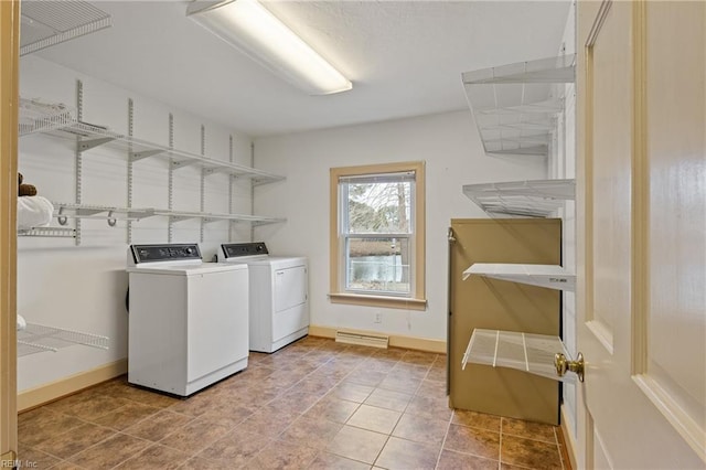 clothes washing area with laundry area, separate washer and dryer, baseboards, and visible vents