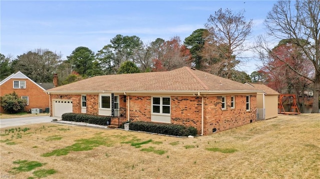 single story home with concrete driveway, a garage, brick siding, and a front lawn