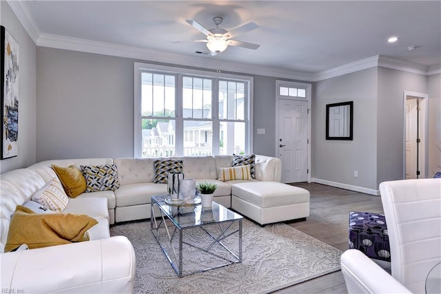 5311 Salzman St, Williamsburg, VA 23188 - living area featuring wood finished floors, a ceiling fan, baseboards, ornamental molding, and recessed lighting