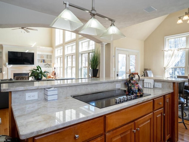 kitchen with lofted ceiling, a healthy amount of sunlight, open floor plan, and brown cabinetry