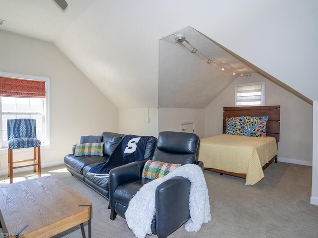 carpeted bedroom with visible vents, baseboards, and vaulted ceiling