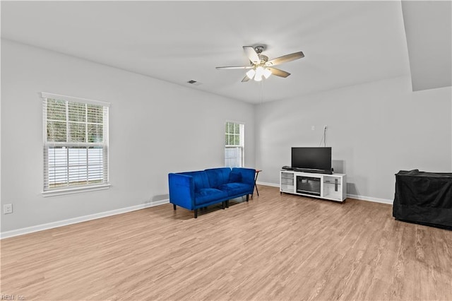 living area featuring light wood finished floors, visible vents, baseboards, and ceiling fan