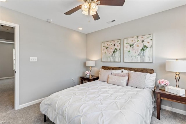 bedroom featuring visible vents, recessed lighting, carpet, baseboards, and ceiling fan