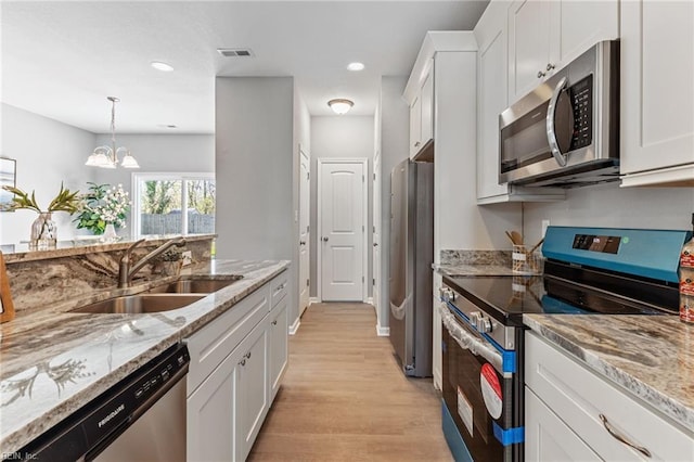 kitchen featuring white cabinetry, visible vents, appliances with stainless steel finishes, and a sink