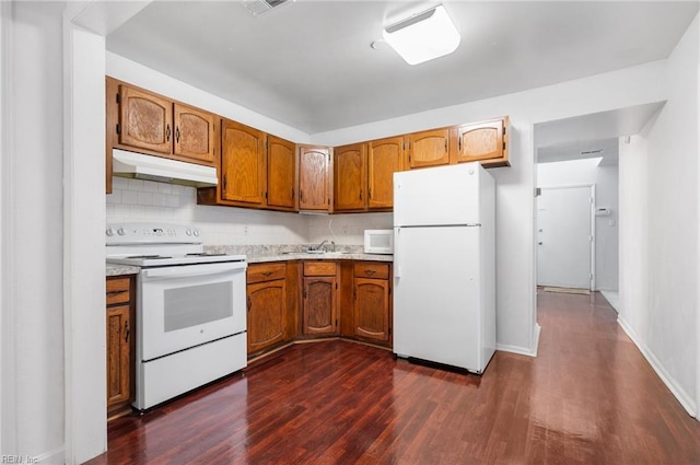 2118 Madison Ave, Newport News, VA 23607 - kitchen featuring dark wood-style flooring, light countertops, white appliances, brown cabinets, and under cabinet range hood
