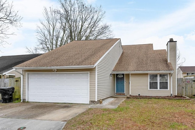 view of front of property featuring a front yard, fence, an attached garage, a shingled roof, and a chimney