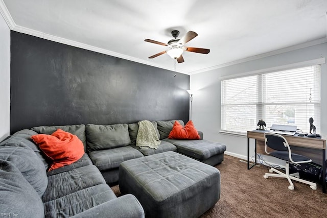 living area with ceiling fan, baseboards, crown molding, and carpet