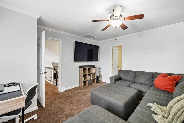 living room featuring baseboards, carpet floors, ceiling fan, and ornamental molding