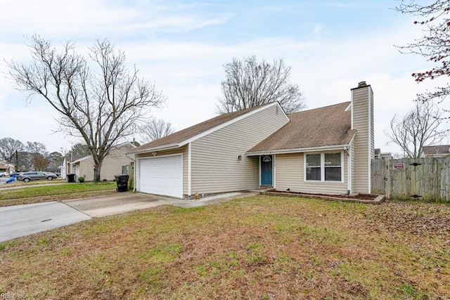 single story home featuring driveway, fence, a front yard, an attached garage, and a chimney