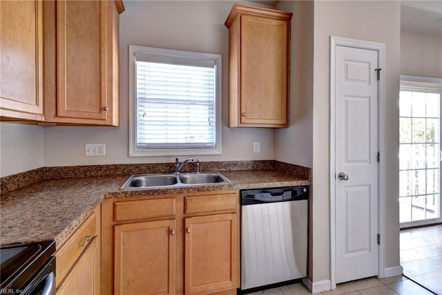 kitchen with a sink, black / electric stove, dark countertops, and dishwasher